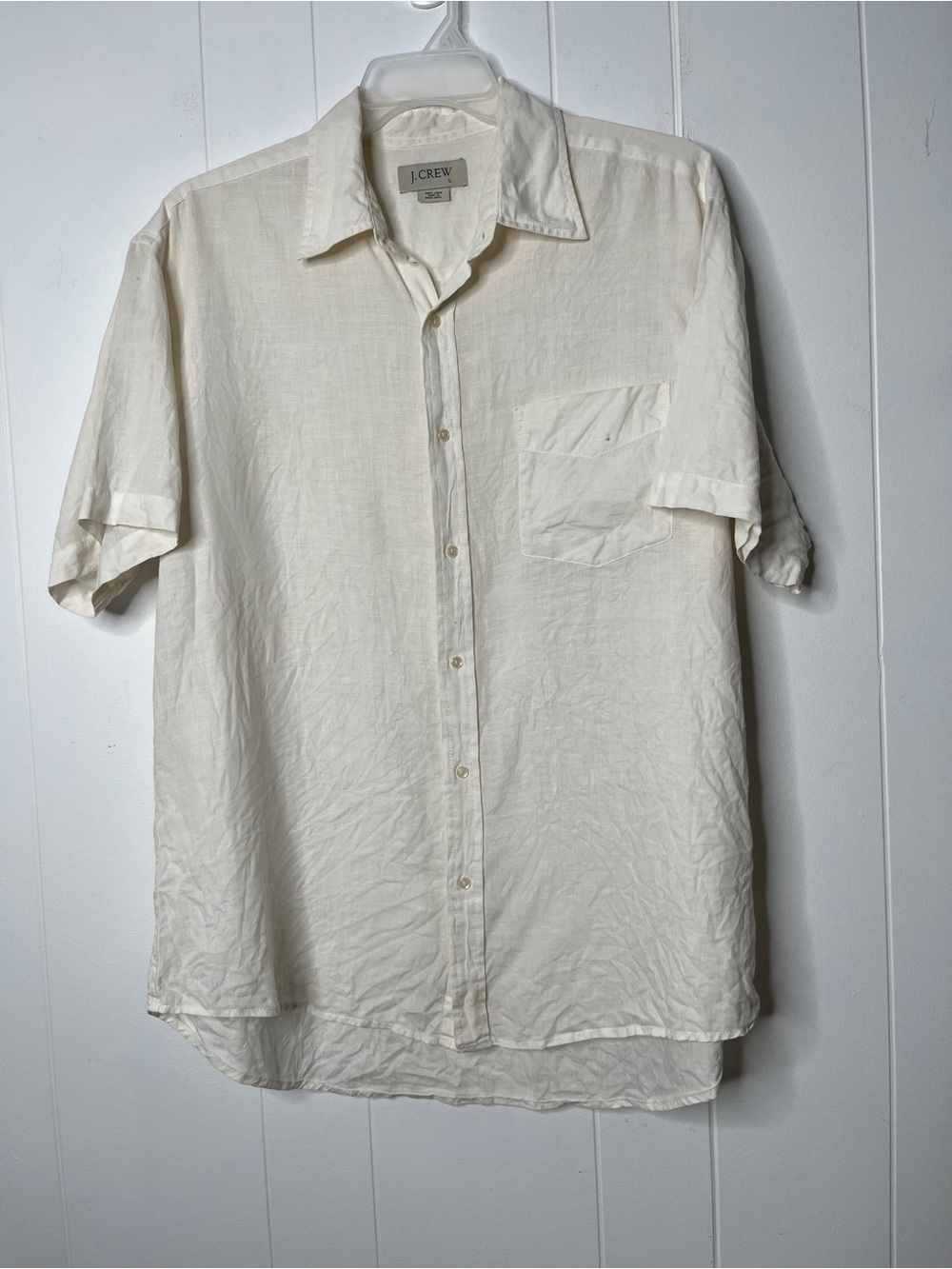 J. Crew Men's 100% Linen Cream Short-Sleeve Button-Up Shirt Size L